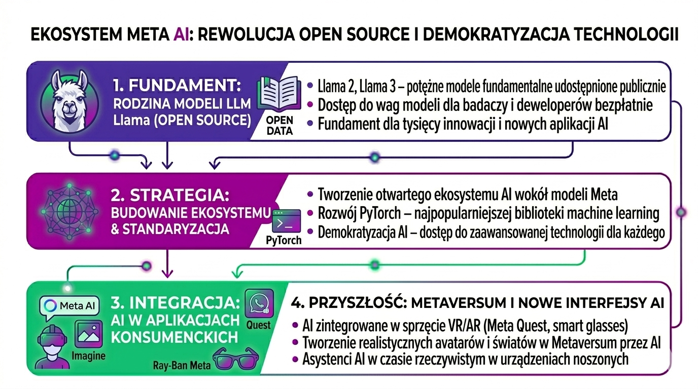Infografika pokazująca strategię Meta w sztucznej inteligencji – modele Llama open source, rozwój PyTorch, integrację AI w aplikacjach Meta oraz rozwój technologii VR/AR i metaverse