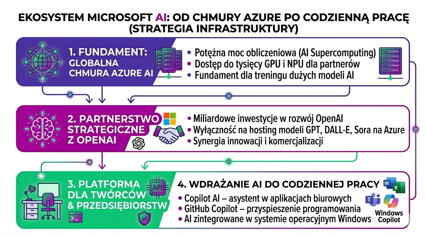 Infografika pokazująca strategię Microsoft w sztucznej inteligencji – chmurę Azure AI, współpracę z OpenAI oraz integrację AI w produktach Copilot, GitHub Copilot i Windows