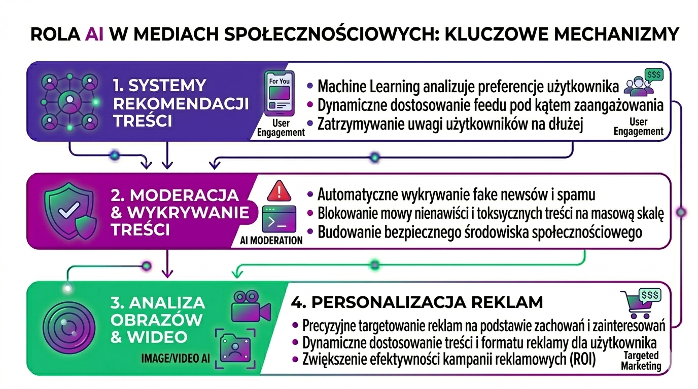 Infografika przedstawiająca mechanizmy AI w social media – algorytmy rekomendacji treści, automatyczną moderację i wykrywanie dezinformacji, analizę obrazu i wideo oraz personalizację reklam zwiększającą skuteczność kampanii
