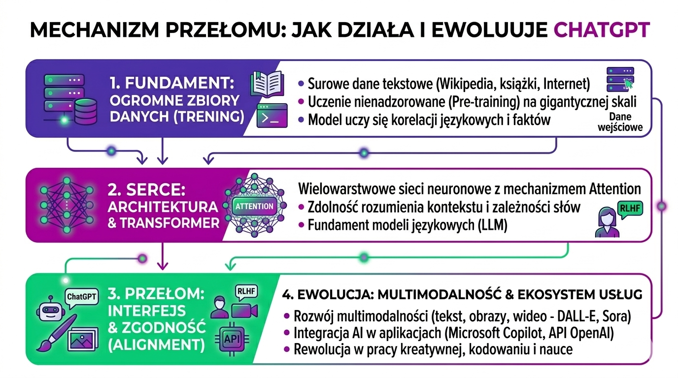 Infografika wyjaśniająca mechanizm działania ChatGPT – trening na danych internetowych, architekturę transformer, uczenie RLHF oraz rozwój multimodalnych modeli AI (tekst, obraz, wideo)