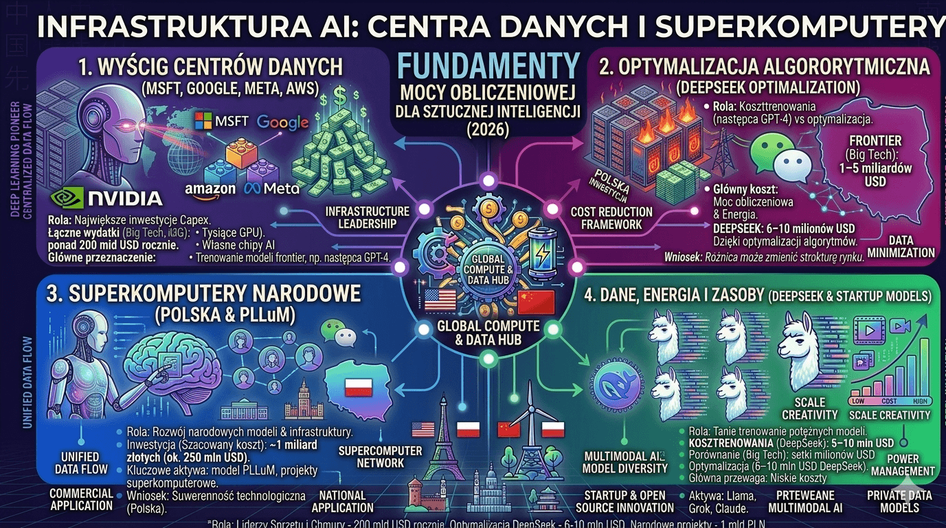 Infografika pokazująca infrastrukturę AI – centra danych Microsoft, Google, Meta i AWS, GPU Nvidia oraz superkomputery wykorzystywane do trenowania modeli sztucznej inteligencji