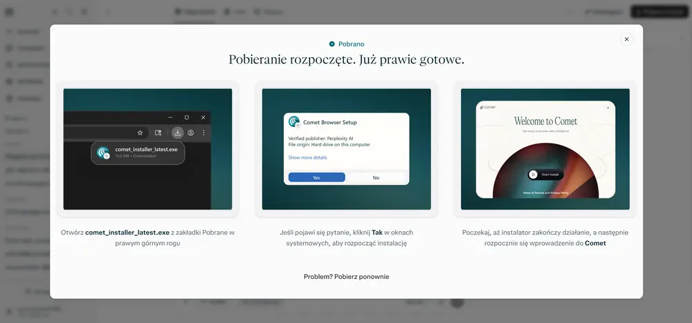 Instalacja przeglądarki Comet na Windows – pobieranie instalatora i kolejne kroki konfiguracjiŹródło: zrzut ekranu z oficjalnej strony Perplexity Comet