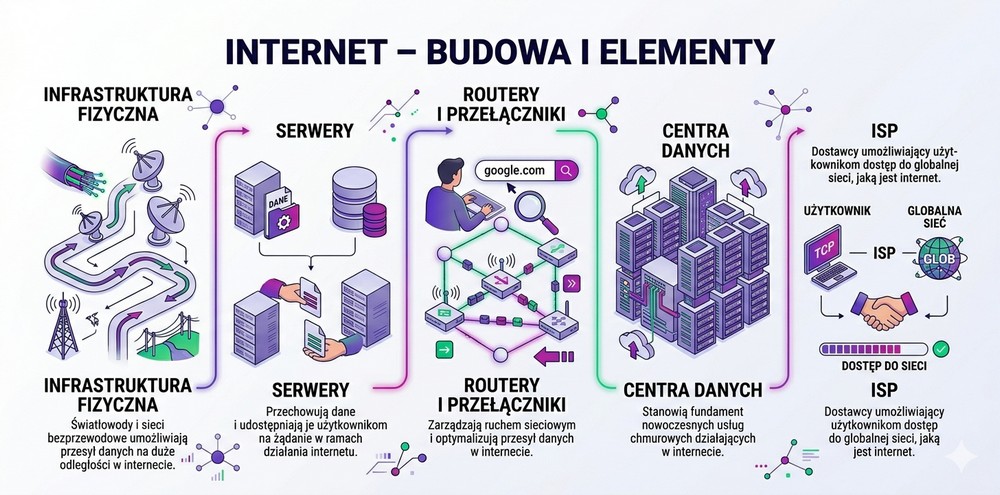 Internet – budowa i elementy sieci (infrastruktura, serwery, routery, centra danych, ISP)