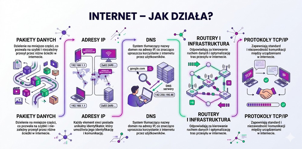 Internet – schemat działania internetu: pakiety danych, adresy IP, DNS i protokoły TCP/IP
