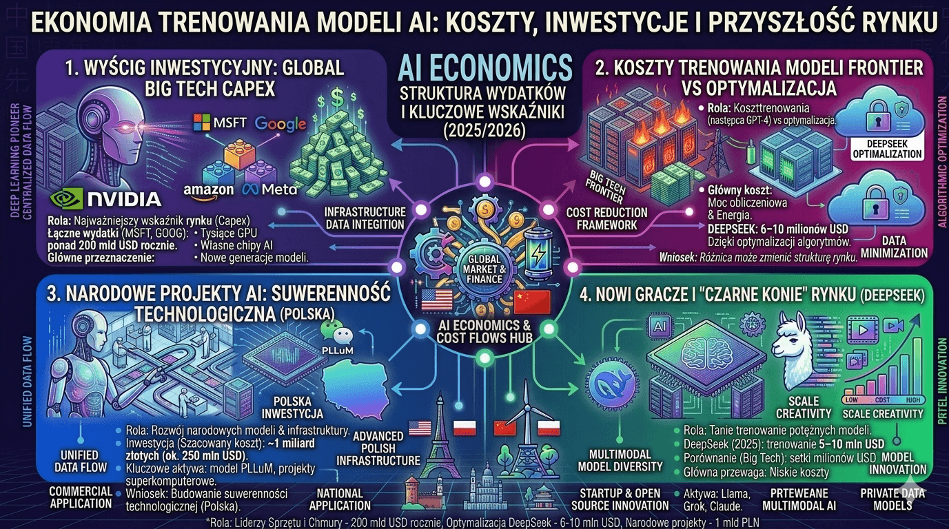 Infografika: koszty trenowania modeli AI i inwestycje w sztuczną inteligencję – infrastruktura Big Tech, GPU Nvidia, optymalizacja modeli i nowe firmy AI