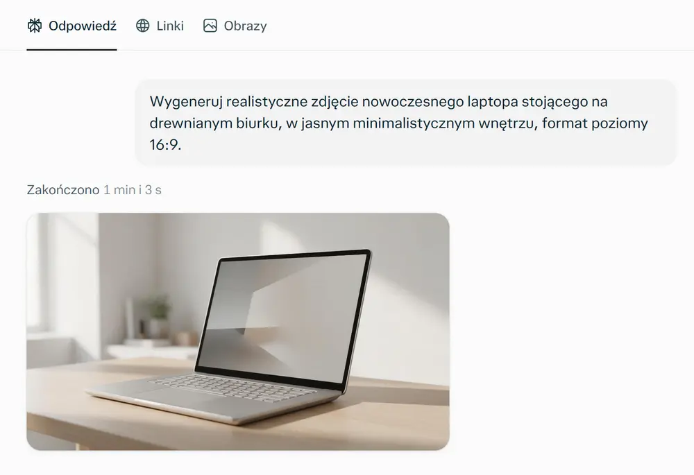 Perplexity – generowanie obrazu AI na podstawie promptu z realistycznym laptopem w jasnym wnętrzuŹródło: zrzut ekranu z oficjalnej strony Perplexity.ai