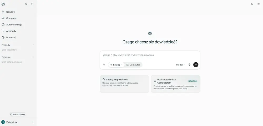 Perplexity – główny interfejs z wyszukiwaniem, trybem Computer, automatyzacjami, artefaktami i projektamiŹródło: zrzut ekranu z oficjalnej strony Perplexity.ai