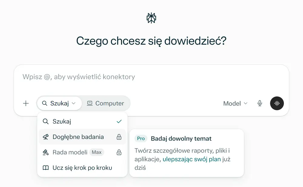 Perplexity – menu trybów wyszukiwania z opcjami Search, Deep Research, Model Council i nauką krok po krokuŹródło: zrzut ekranu z oficjalnej strony Perplexity.ai