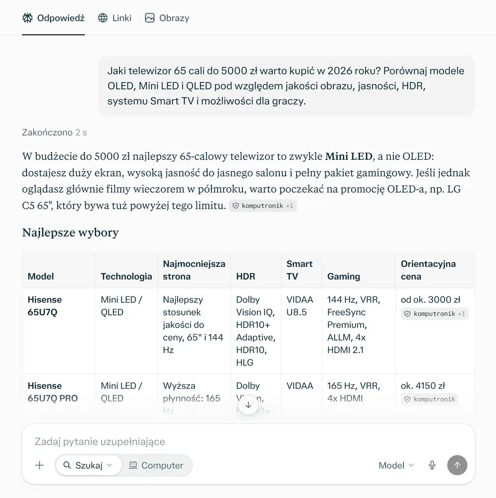 Perplexity – odpowiedź na pytanie o telewizor 65 cali z porównaniem modeli, cen i najważniejszych parametrówŹródło: zrzut ekranu z oficjalnej strony Perplexity.ai