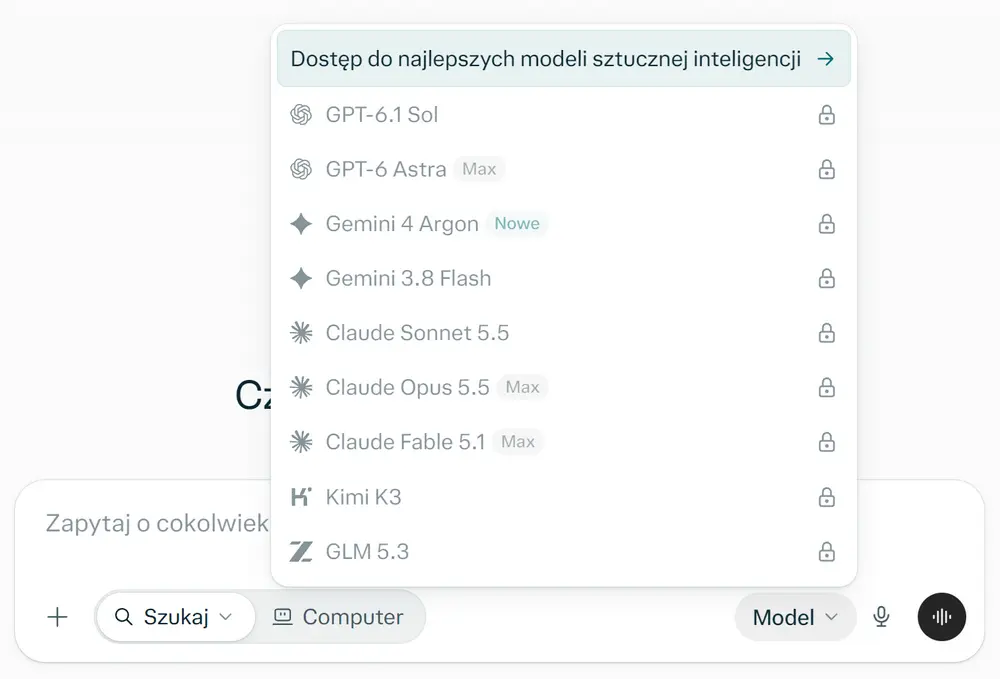 Perplexity – wybór modeli AI, w tym GPT, Gemini, Claude, Kimi i GLMŹródło: zrzut ekranu z oficjalnej strony Perplexity.ai