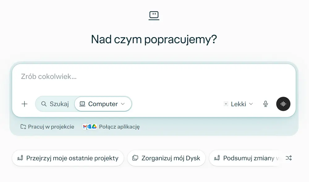 Perplexity Computer – ekran trybu Computer z możliwością pracy w projekcie, łączenia aplikacji i wyboru poziomu działaniaŹródło: zrzut ekranu z oficjalnej strony Perplexity.ai