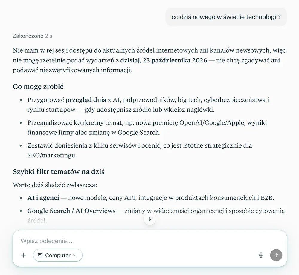 Perplexity Computer w 2026 roku – odpowiedź AI na pytanie o najnowsze informacje technologiczne z panelem ComputerŹródło: zrzut ekranu z oficjalnej strony Perplexity.ai