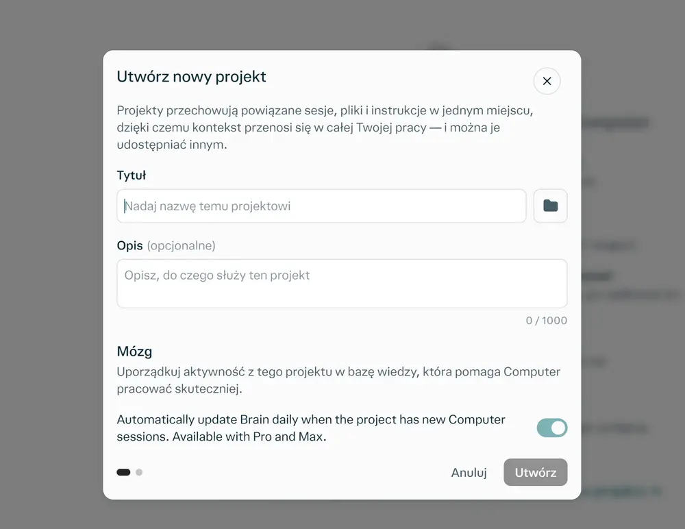 Perplexity Projects – tworzenie nowego projektu z opisem, plikami i funkcją Brain do zachowania kontekstu pracyŹródło: zrzut ekranu z oficjalnej strony Perplexity.ai