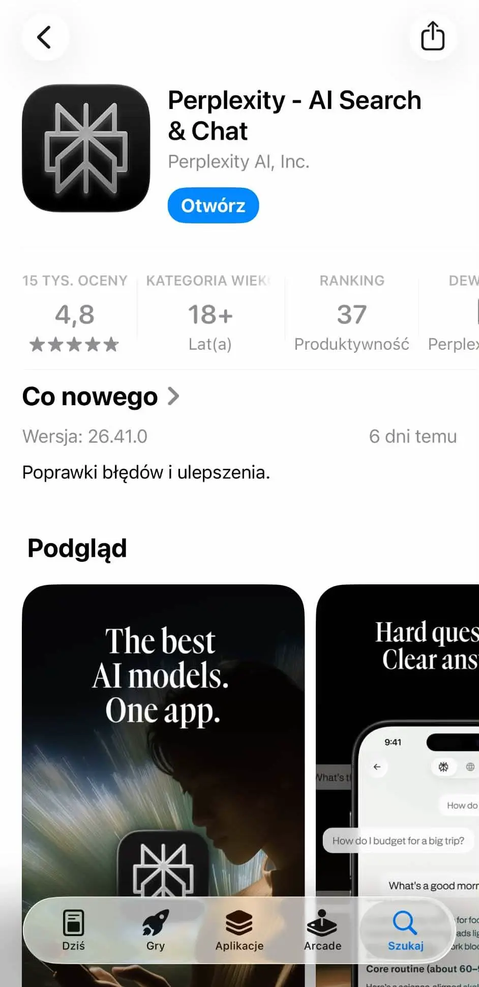 Perplexity w App Store – aplikacja Perplexity AI Search & Chat na iPhone’a. Źródło: zrzut ekranu z App Store