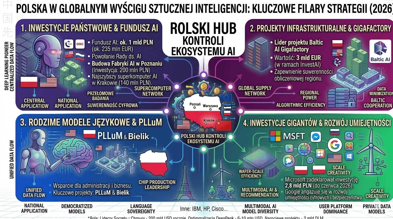 Polska w globalnym wyścigu sztucznej inteligencji – strategia AI 2026, fundusz AI, Baltic AI Gigafactory, polskie modele językowe PLLuM i Bielik oraz inwestycje Microsoft i Google
