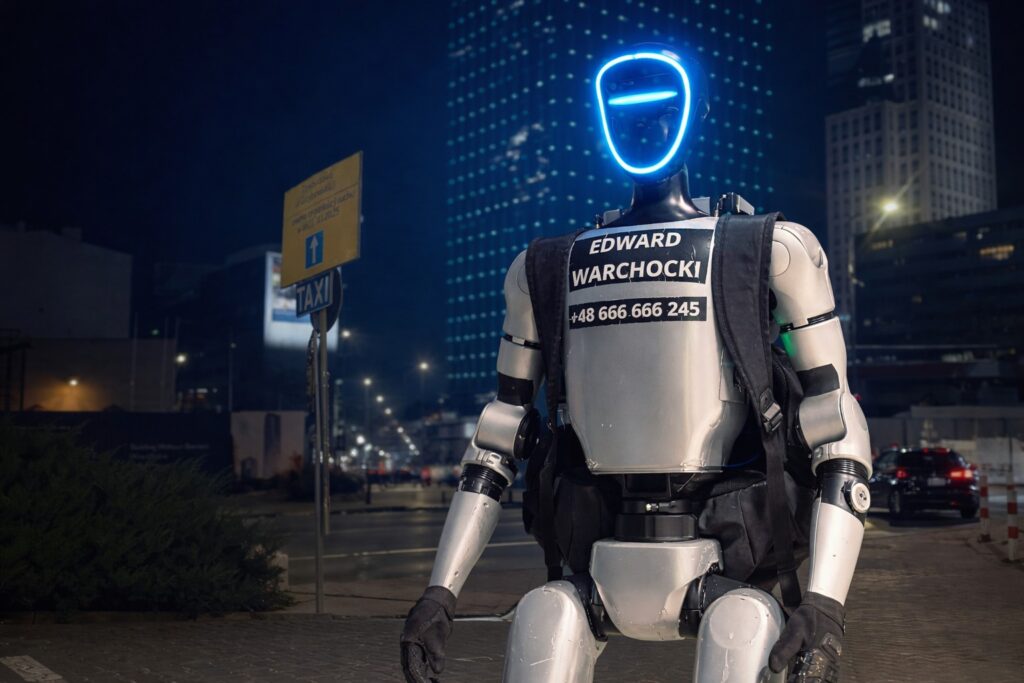 Robot Edward Warchocki humanoidalny robot influencer Unitree G1 w centrum Warszawy nocą