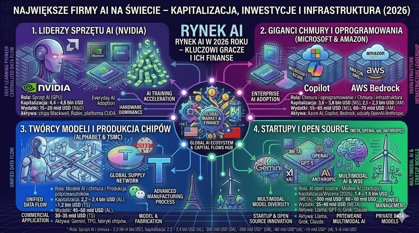 Infografika: największe firmy sztucznej inteligencji na świecie w 2026 roku – Nvidia, Microsoft, Amazon, Alphabet, TSMC oraz startupy AI i ich inwestycje