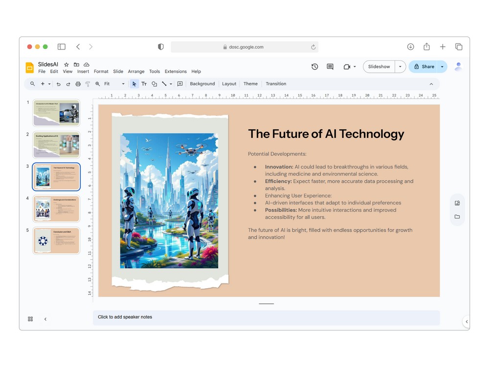 SlidesAI.io – automatyczne tworzenie prezentacji z tekstu w Google Slides z wykorzystaniem AI (przykład wygenerowanych slajdów)