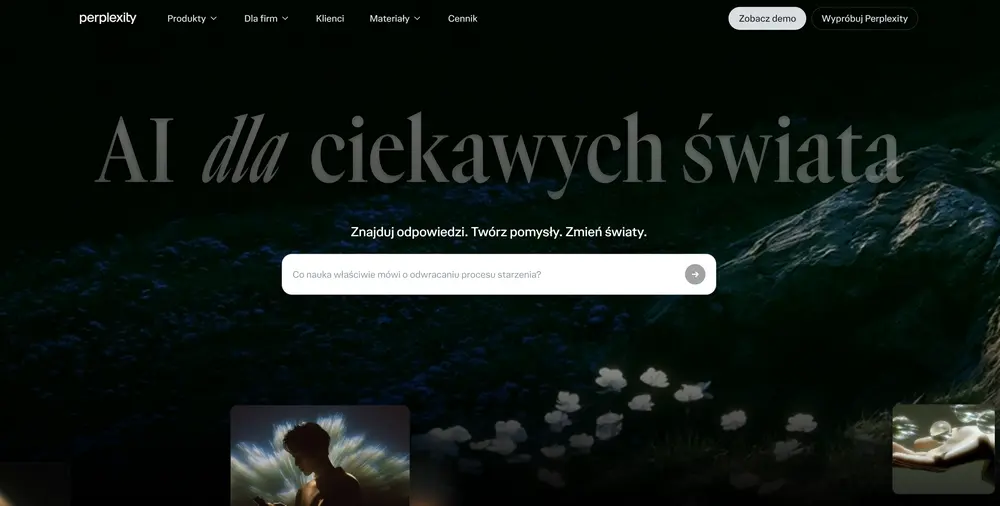 Strona główna Perplexity AI w 2026 roku – wyszukiwarka z polem zapytania i hasłem „AI dla ciekawych świata”Źródło: zrzut ekranu z oficjalnej strony Perplexity.ai