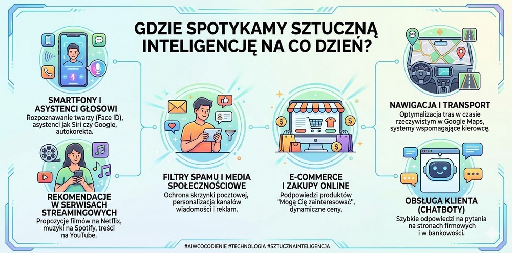 Gdzie spotykamy sztuczną inteligencję na co dzień – przykłady zastosowań AI w smartfonach, nawigacji, e-commerce, mediach społecznościowych, serwisach streamingowych i obsłudze klienta