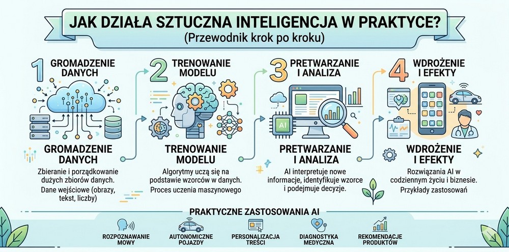 Jak działa sztuczna inteligencja w praktyce – schemat krok po kroku: gromadzenie danych, trenowanie modelu, przetwarzanie i analiza oraz wdrożenie AI w codziennych zastosowaniach