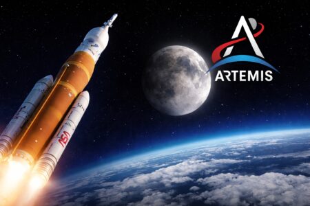 Program Artemis NASA – wszystko, co musisz wiedzieć: misje, cele, powrót człowieka na Księżyc i droga na Marsa Program Artemis NASA – rakieta SLS w drodze na Księżyc nad Ziemią