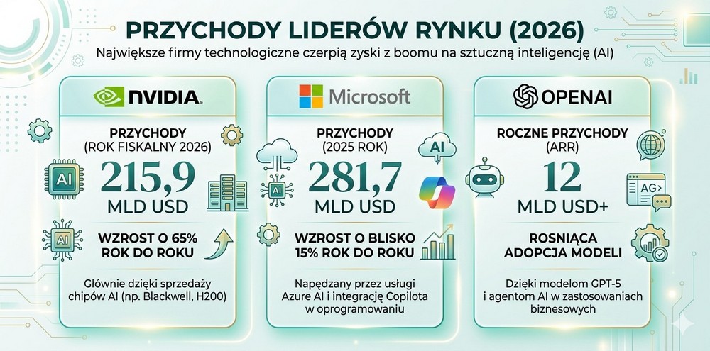 Przychody liderów rynku AI w 2026 roku – Nvidia, Microsoft i OpenAI oraz ich wyniki finansowe i wzrosty