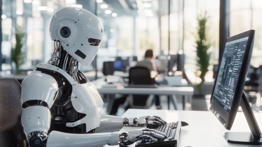 Robot pracujący przy komputerze w biurze – jak AI zmienia zawody i miejsca pracy
