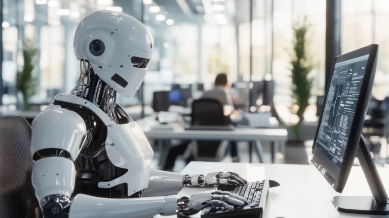 Zawody zagrożone przez AI – kto powinien przygotować się na zmiany? Robot pracujący przy komputerze w biurze – jak AI zmienia zawody i miejsca pracy