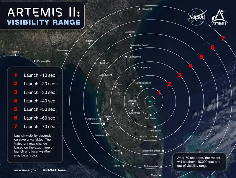 Ta mapa pokazuje, skąd start misji Artemis II będzie widoczny dla obserwatorów nieba na Florydzie i w południowej Georgii. NASA