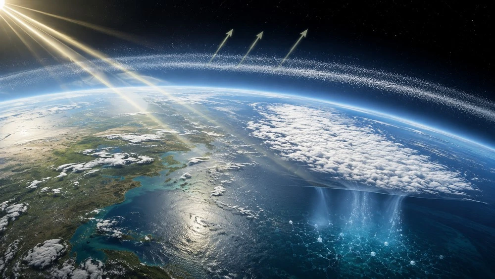 Geoinżynieria klimatu i koncepcja chłodzenia Ziemi widoczna z kosmosu, z warstwą aerozoli odbijających światło słoneczne oraz rozjaśnionymi chmurami nad oceanem