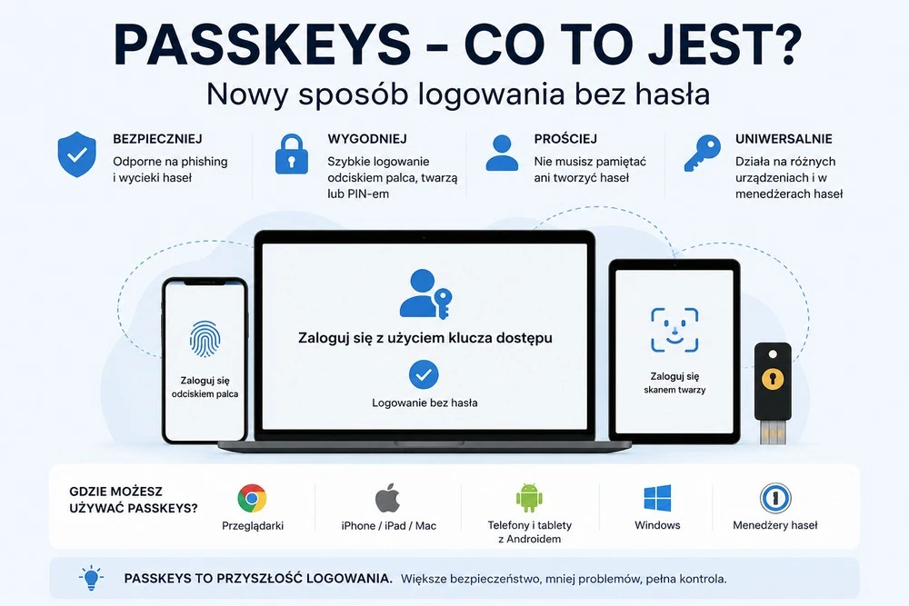 Infografika wyjaśniająca, czym są passkeys i jak działają klucze dostępu na telefonie, komputerze oraz w menedżerze haseł