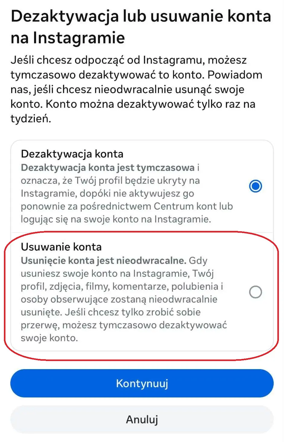 Jak usunąć konto na Instagramie w aplikacji na telefonie