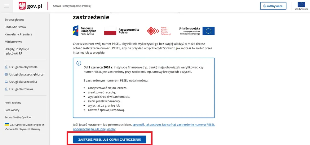 Jak zastrzec PESEL przez gov.pl