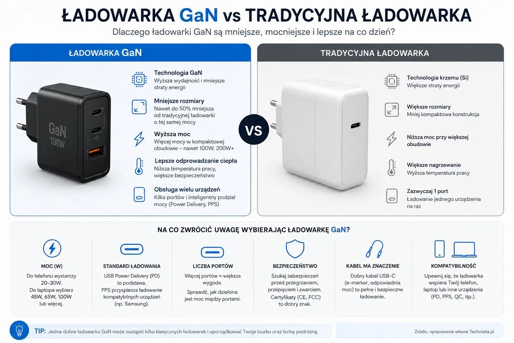 Ładowarka GaN vs tradycyjna ładowarka – porównanie rozmiaru, mocy, portów i standardów ładowania
