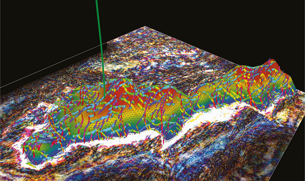 Model 3D danych sejsmicznych przedstawiający kolorową interpretację struktur geologicznych i uskoków wykorzystywaną do analizy ryzyka trzęsień ziemi.