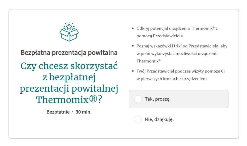 Opcja bezpłatnej prezentacji Thermomix po zakupie online w sklepie Vorwerk