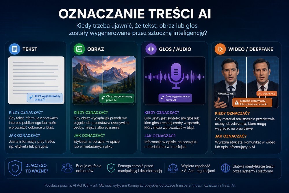 Oznaczanie treści AI – infografika pokazująca, kiedy ujawniać tekst, obraz, głos i wideo wygenerowane przez sztuczną inteligencję