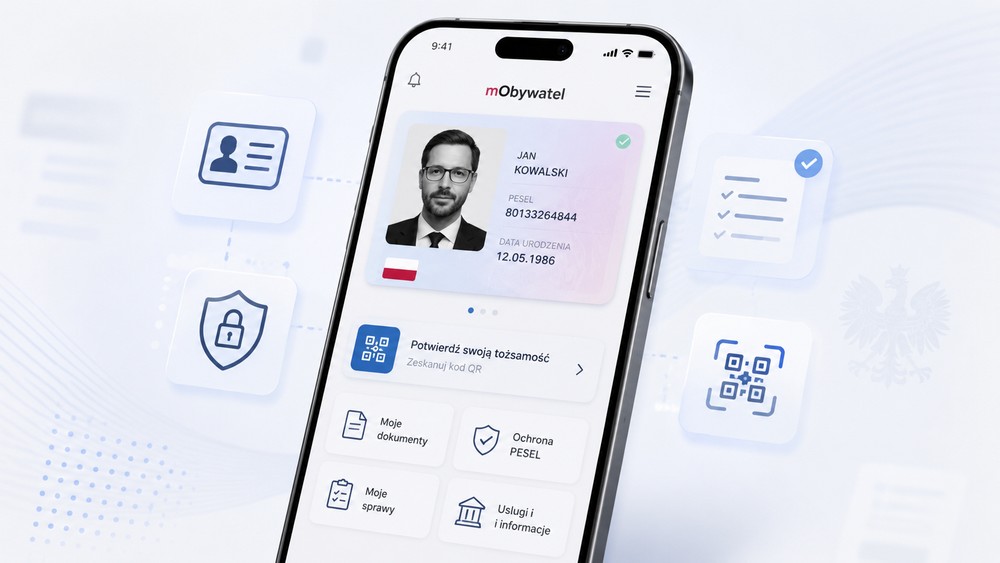 Smartfon z aplikacją mObywatel pokazujący cyfrowy dokument, potwierdzanie tożsamości kodem QR, ochronę PESEL i usługi urzędowe w telefonie