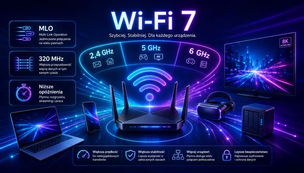 Wi-Fi 7 w praktyce – router, MLO, kanały 320 MHz i urządzenia korzystające z szybkiej sieci bezprzewodowej