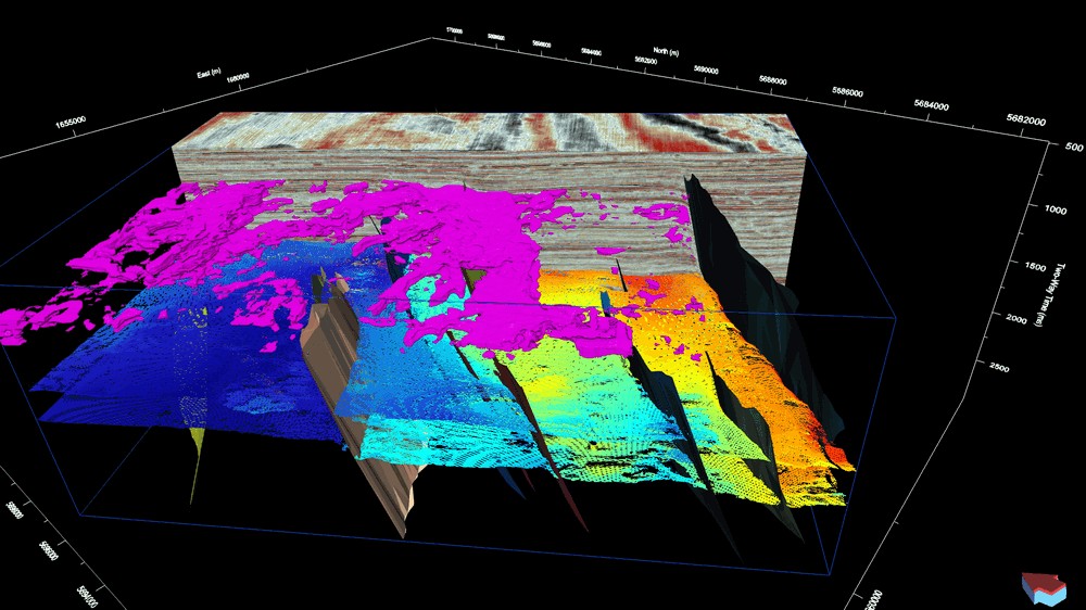 Wizualizacja 3D danych sejsmicznych pokazująca warstwy geologiczne, uskoki i struktury pod powierzchnią ziemi wykorzystywane w analizie trzęsień ziemi.