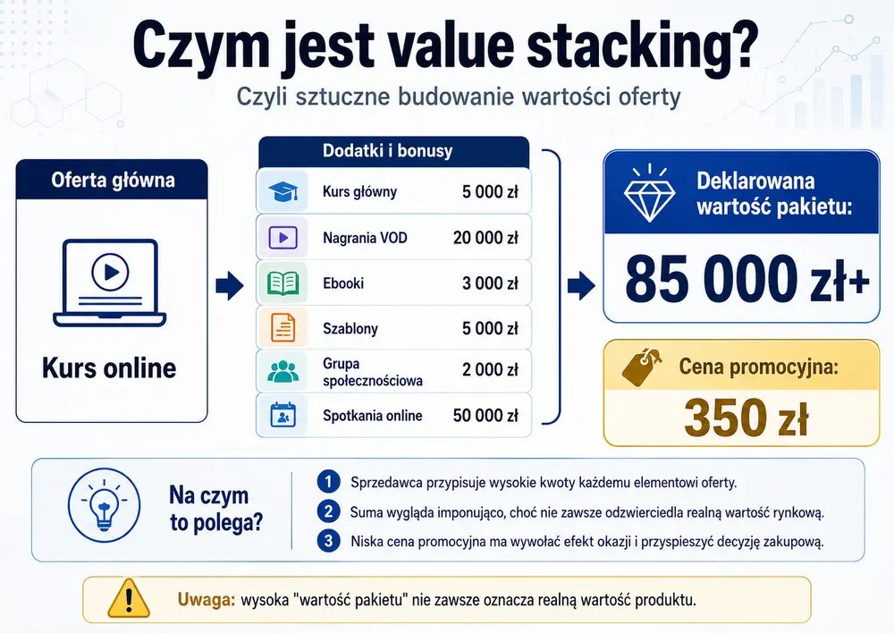 Infografika pokazująca value stacking, czyli sztuczne budowanie wartości oferty kursu online