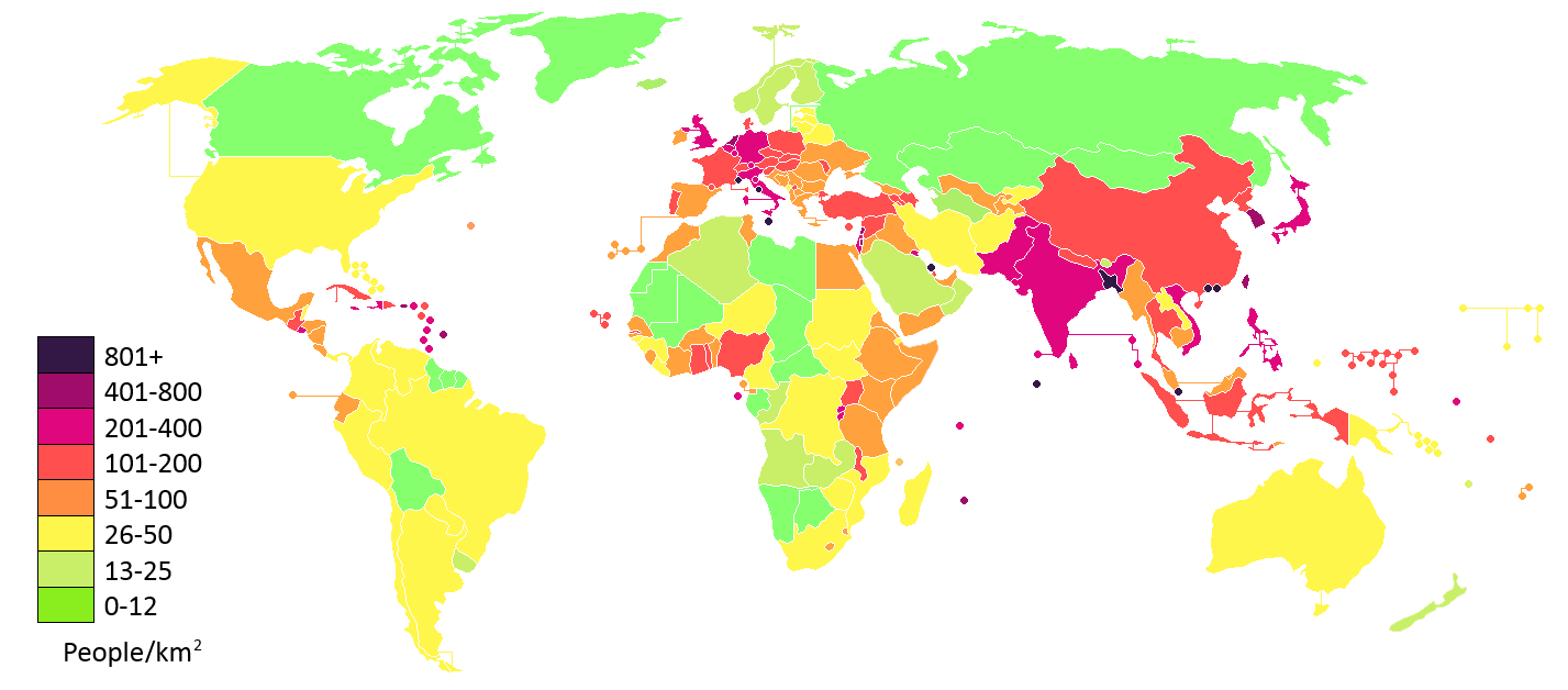 Mapa świata pokazująca gęstość zaludnienia według liczby osób na kilometr kwadratowy