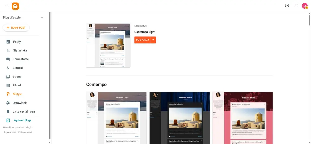 Panel Bloggera z ustawieniami motywu dla bloga Blogspot