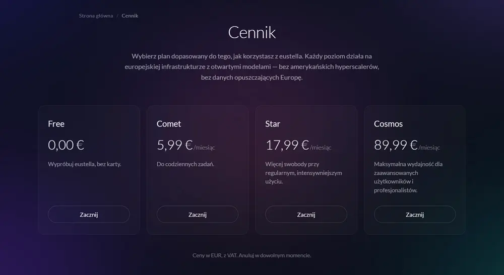 Eustella AI - cennik 2026