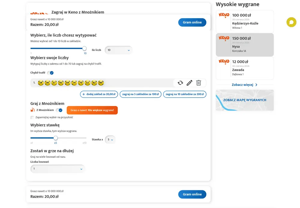 Kupon Keno online w oficjalnym serwisie LOTTO z wyborem liczb, opcją Mnożnika, stawką i przyciskiem Gram online