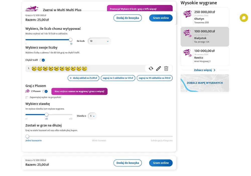 Kupon Multi Multi online w oficjalnym serwisie LOTTO z wyborem liczb, opcją Plus, stawką i przyciskiem Gram online