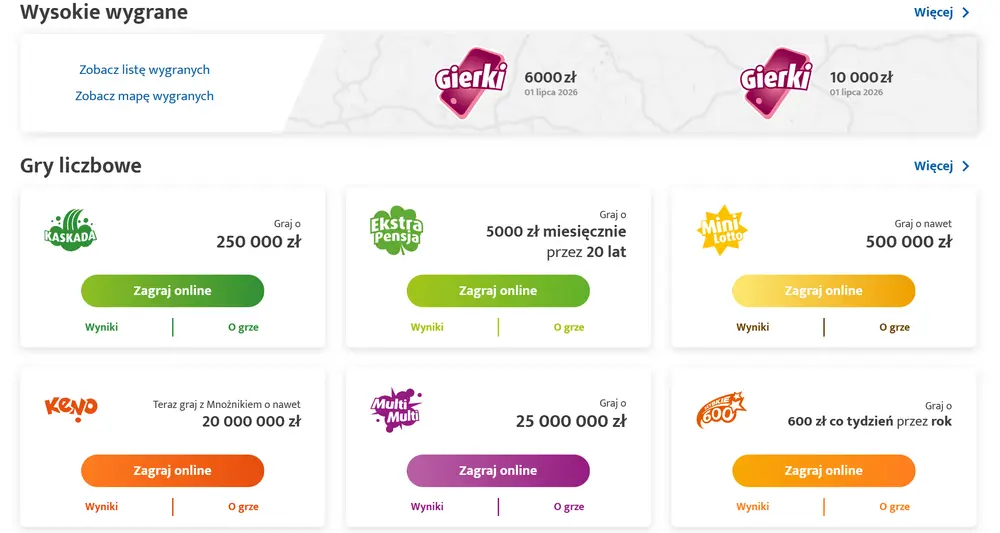 Lista gier liczbowych LOTTO online, w tym Kaskada, Ekstra Pensja, Mini Lotto, Keno, Multi Multi i Szybkie 600