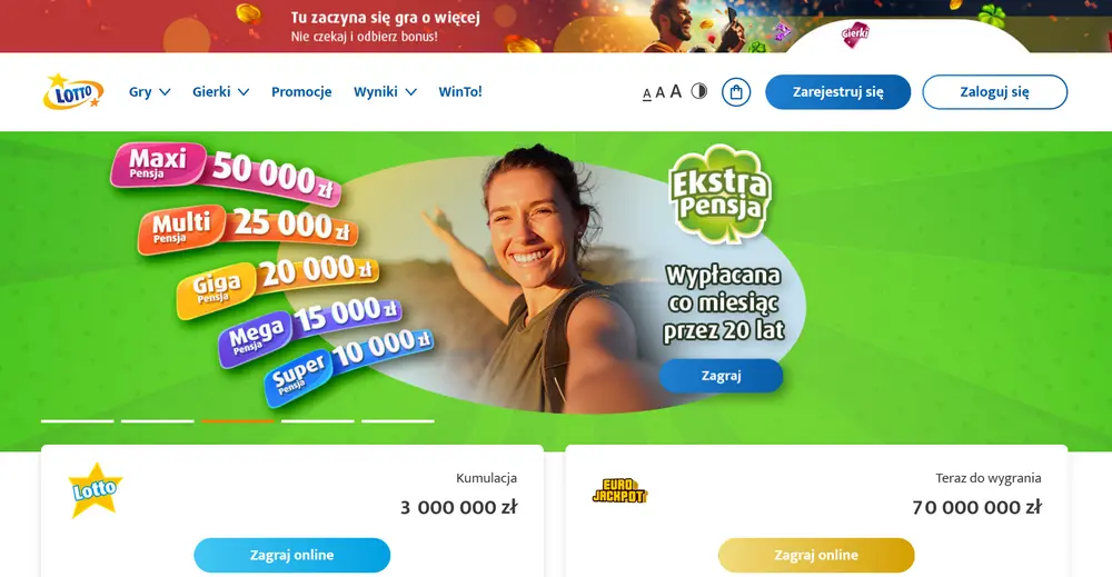 Oficjalna strona LOTTO online z grami liczbowymi i przyciskiem Zagraj online