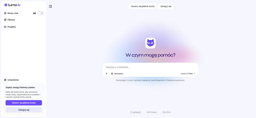 Strona Lumo 2.0 od Proton – prywatny chatbot AI z polem rozmowy i modelem Lumo 2.0 Max